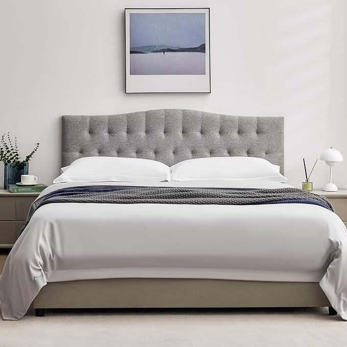 Tufted Upholstered King Size Headboard Only, Adjustable 38-50 in, Gray | King Headboard for King Size Bed, Durable Linen Fabric Headboards, Modern Diamon Design Wood Head Board
