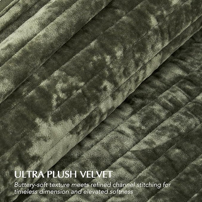 EVERGRACE Velvet Quilt Set King Size, Luxurious Soft Striped Channel Bedding Set, Lightweight Velvet Comforter for All Season, Oversized Bedspread Coverlet with 2 Matching Shams, Olive Green