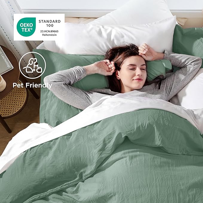 Bedsure Sage Green Duvet Cover Queen Size - 3 Pieces Prewashed Cotton-Like Polyester Extra Soft Bedding Set, Includes 1 Duvet Cover 90x90 Inches with Zipper Closure & 2 Pillow Shams, No Comforter