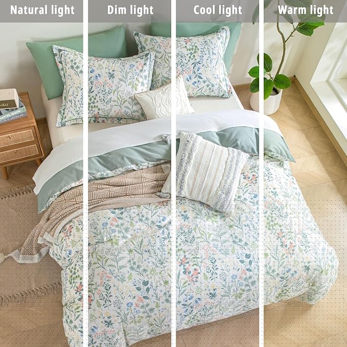 Floral Cotton Comforter King Size - Botanical Wildflower Pattern with Soft Pestel Accents on White, Textured Dusty Green Back, 3PC Lightweight Bedding Set with Down Alternative Fill(104"×90")