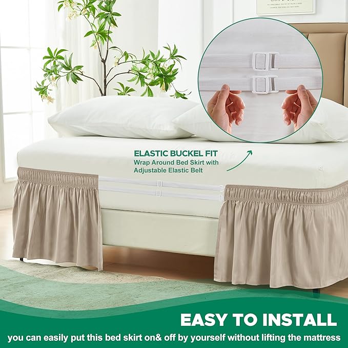 Biscaynebay Wrap Around Bed Skirts for King & Cal King Beds 14" Drop, Light Camel Adjustable Elastic Dust Ruffles Easy Fit Wrinkle & Fade Resistant Silky Luxurious Fabric Solid Machine Washable