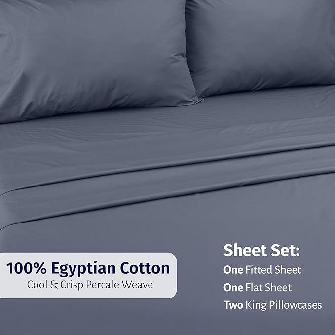 California Design Den Certified 100% Egyptian Cotton California King Sheets Set - Lightweight Percale Cal King Sheet Set with Deep Pockets, Crisp & Durable Luxury Bedding - Mineral Blue (Grey Tone)