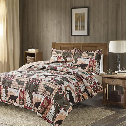 Rustic Lodge Quilt Set King Size Country Cabin Bedspread Coverlet King Moose Bear Reversible Patchwork Quilts Bedding Soft Lightweight Coverlets Forest Bear Farmhouse Bed Cover Sets with 2 Pillow Sham