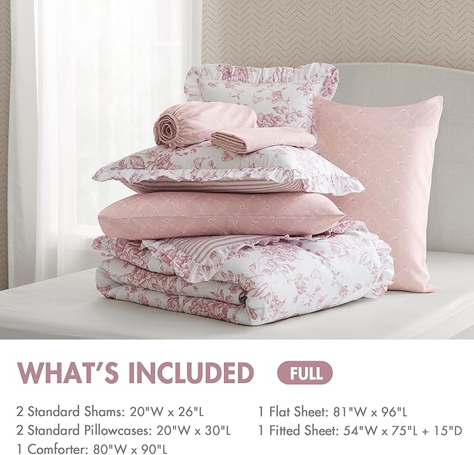 Madison Park Essentials Adele Pink Floral Full Size Comforter Set – Vintage Bed in a Bag with Sheets, Reversible Ruffle Bedding, Elegant Gift for Her