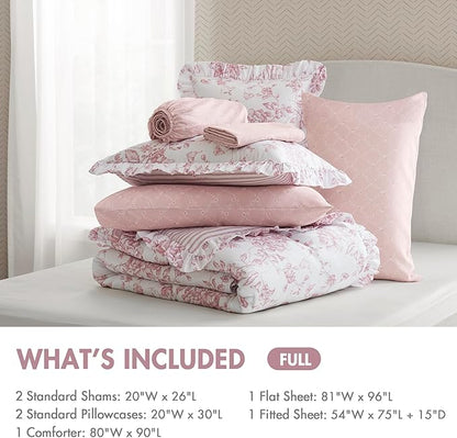 Madison Park Essentials Adele Pink Floral Full Size Comforter Set – Vintage Bed in a Bag with Sheets, Reversible Ruffle Bedding, Elegant Gift for Her
