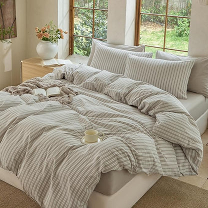 Striped Duvet Cover Set,100% Washed Cotton Linen Like Bedding Set,Breathable,Durable,Comfy(Strip-Tannish Linen Grey/White,Queen)