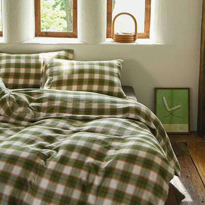 EAVD Vintage Style Gingham Duvet Cover Queen Soft 100% Muslin Cotton Yarn-Dyed Textured Chic Pink&Green Grid Plaid Bedding Set with 2 Pillowcases British-Style Plaid Duvet Cover with Zipper