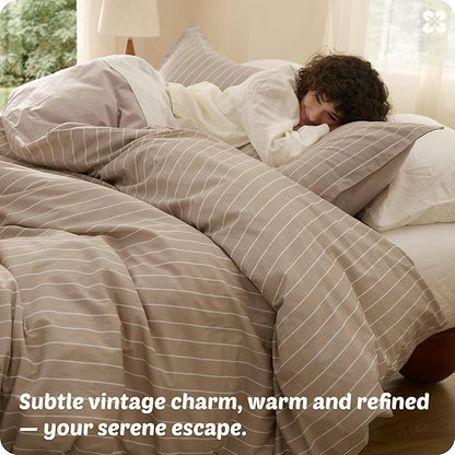 Bedsure Striped Duvet Cover King Size, 100% Washed Cotton PureWoven Duvet Cover Linen Like Textured, Classic Striped Pattern Enhances Bedroom Comfort and Style, Stripes Tan/White, 104"x90"