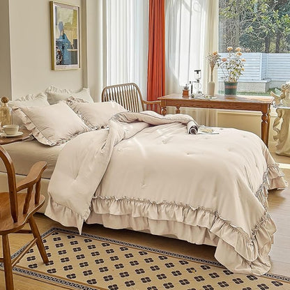 AIKASY Camel Ruffle Comforter Twin, 3 Pieces Vintage Ruffle Fringe Comforter, Farmhouse Rustic Microfiber Down Alternative Bedding Comforter Set (1 Comforter + 2 Pillow Shams)