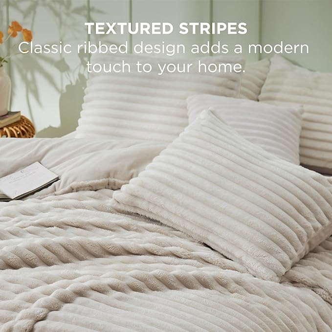 Bedsure Cal King Comforter Set - GentleSoft™ 3 Pieces Double-Side Fleece Fluffy Linen Comforter Set, Cozy Striped Room Decor Aesthetic, Luxury Cal King Bedding, 2 Pillowcases, 104x96 Inches