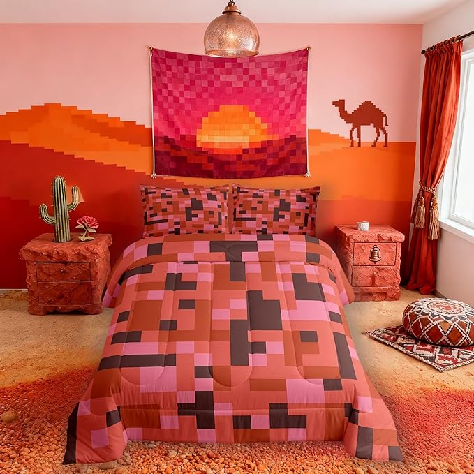 Pixelated Miners Game Comforter Set Full Size,Camo Geometric Check Kids Bedding Set,Reversible Gamepad Video Games Quilt Comforter,Red Brown Duvet Insert,2 Pillowcases
