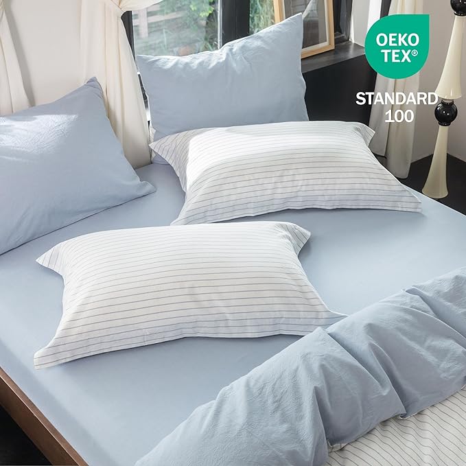 Reversible Duvet Cover Set 100% Washed Cotton Sky Blue Stripe Linen Feel Duvet Cover Oversized Queen Size with Zipper Closure & 2 Pillow Shams,Sky Blue/White Stripe Reverse Solid Sky Blue