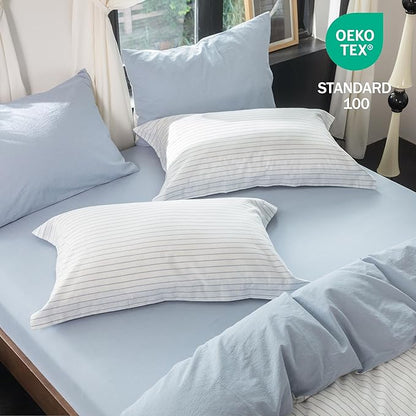 Reversible Duvet Cover Set 100% Washed Cotton Sky Blue Stripe Linen Feel Duvet Cover King Size with Zipper Closure & 2 Pillow Shams,Sky Blue/White Stripe Reverse Solid Sky Blue