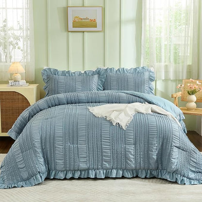WONGS BEDDING Blue Comforter Set Queen,3 Pieces Ruffle Farmhouse Shabby Chic Boho Comforter for Queen Bed,Soft Seersucker Textured Bedding Set with 1 Ruffle Comforter,2 Tufted Pillowcases 90"×90"