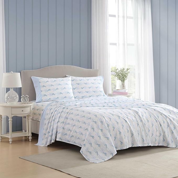 Laura Ashley - Twin Sheet Set, Crisp & Cool Cotton Percale Bedding with Deep Pockets, Lightweight for Year Round Comfort, Bed Sheets with Matching Pillowcase (Floral Ribbon Blue)