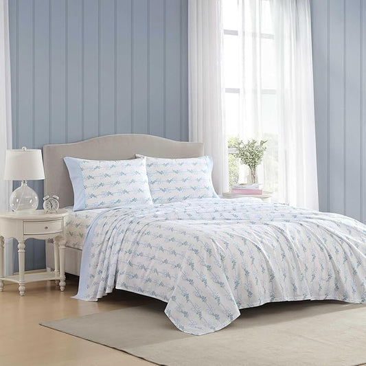 Laura Ashley - Twin Sheet Set, Crisp & Cool Cotton Percale Bedding with Deep Pockets, Lightweight for Year Round Comfort, Bed Sheets with Matching Pillowcase (Floral Ribbon Blue)