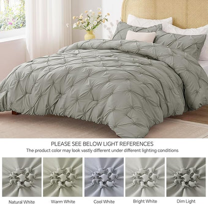 BEDELITE Grey Queen Comforter Set - 3 Pieces Boho Pintuck Bedding Comforter Sets, Lightweight Soft & Warm Bed Comforter Queen with 2 Pillowcases for All Season
