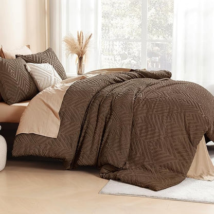 Litanika Brown Queen Comforter Set, 3 Pieces Tufted Boho Farmhouse Bedding Comforter Sets, Lightweight Fluffy Comforter Bed Set for All Season (90x90In Comforter and 2 Pillowcases)