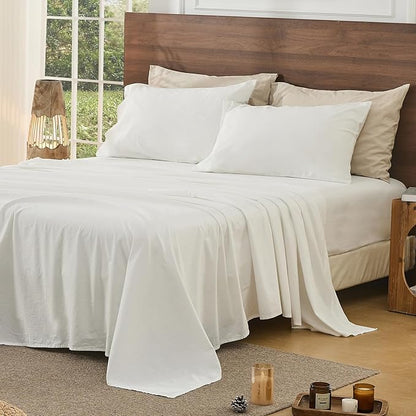 Bedlifes 100% French Pure Linen Sheets California King Size Breathable and Cooling Flax Sheet Set Soft Durable and Moisture Wicking 16 Inch Deep Pocket-4 Piece(Cal King,White)