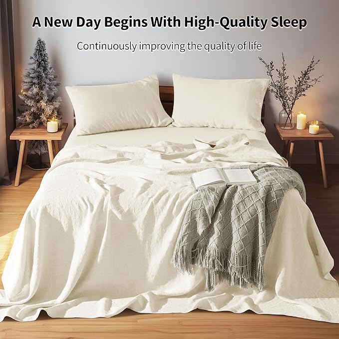 LBRO2M 100% Pure Linen Sheet Set Deep Pocket Up to 16" Bed Sheets Sets, Natural Flax Beddings Soft, Breathable, Comfortable for All Seasons 4 Pcs Sheet Set Queen Size, Beige