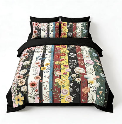 Vintage Floral Twin Size Bed in A Bag for Girls, 7Pcs Stripe Patchwork Comforter Set for Farmhouse Country Bedroom Decor, Black Botanical Quilted Bedding with 2 Pillowcases, 68"x86"