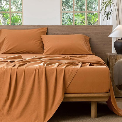 MooMee Bedding Sheet Set 100% Washed Cotton Linen Like Textured Breathable Durable Soft Comfy (Solid Burnt Orange, Queen)