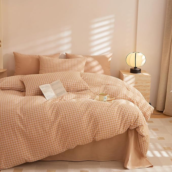 Plaid Queen Comforter Sets Washed Cotton Boho Bedding Set Down Alternative Cozy Fluffy Aesthetic Bedding Comforter Sets Soft All Season Farmhouse Comfy Bed Comforter with 2 Pillowcases