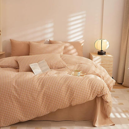 Plaid Queen Comforter Sets Washed Cotton Boho Bedding Set Down Alternative Cozy Fluffy Aesthetic Bedding Comforter Sets Soft All Season Farmhouse Comfy Bed Comforter with 2 Pillowcases