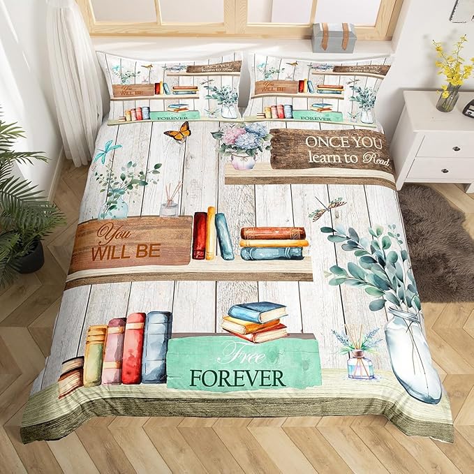 Watercolor Books Bedding Set Reading Time Girls Women Duvet Cover Set Rustic Farmhouse Style Comforter Cover Floral Leaves Bedspread Cover Bedroom Quilt Cover King with 2 Pillowcase,No Comforter