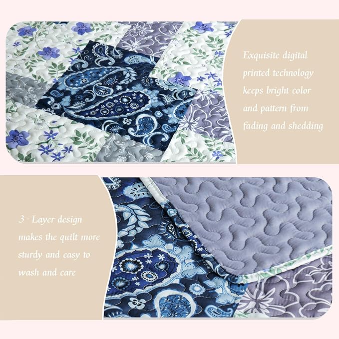 Whale Flotilla Patchwork Quilts Queen Size, Soft Boho Floral Bedspreads for Bed Reversible Lightweight Full Queen Quilt Bedding Set Coverlets with 2 Pillow Shams for All Seasons, Paisley Flowers