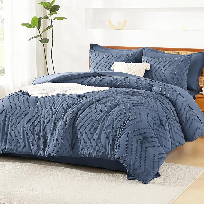 Litanika Oversized King Size Comforter Set with Sheets Ocean Blue - 7 Pieces Bed in a Bag Oversized King Boho Tufted Complete Bedding Sets with Comforter, Sheets, Pillowcases & Shams