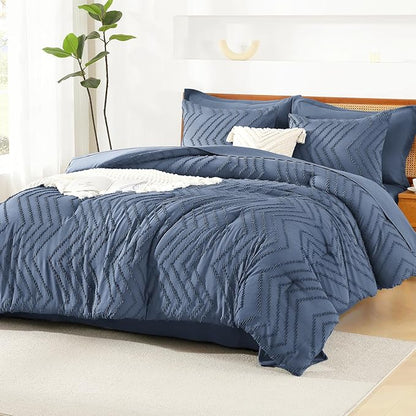 Litanika Queen Size Comforter Set with Sheets Ocean Blue - 7 Pieces Bed in a Bag Queen Chevron Tufted Complete Bedding Sets with Comforter, Sheets, Pillowcases & Shams