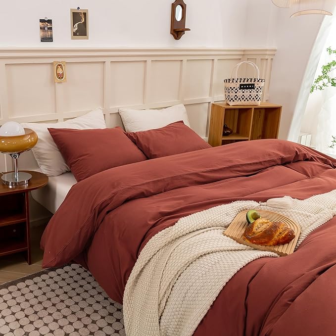ECOCOTT Duvet Cover Queen Size - Linen Feel Organic Natural 100% Washed Cotton, Soft Breathable 3 Pieces Bedding Set with Zipper Closure, Burnt Brick Red