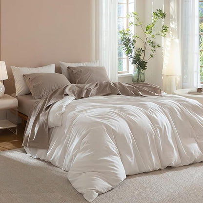 JIYUAN Twin Size Sheet Set, 3-Piece - 100% Washed Cotton, Linen-Like Soft & Breathable, Includes Deep Pocket Fitted & Flat Sheet with 1 Pillowcases, Hotel Quality, Heathered Warm Taupe