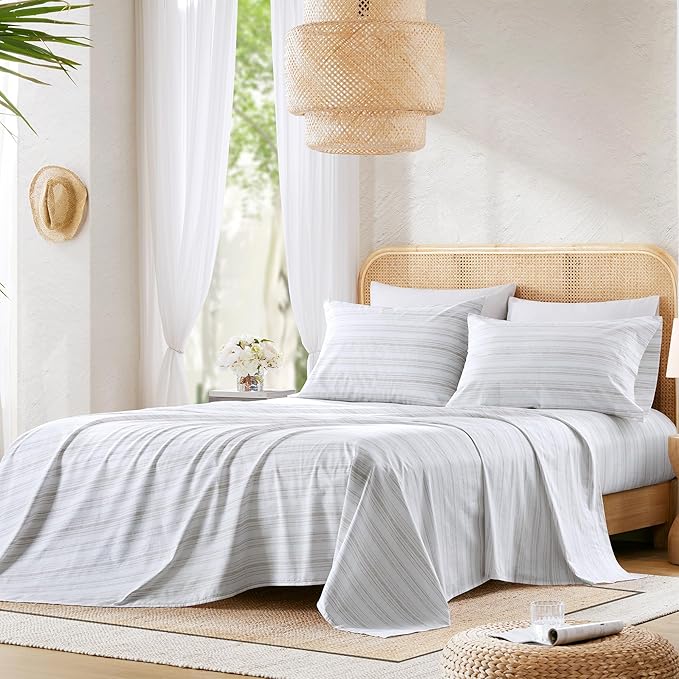 Comfort Spaces 100% Cotton Sheets Queen, Breathable, Naturally Cool Cotton Sheets, Cotton Bed Sheets with 14" Elastic Pocket Fits up to 16" Mattress, All Seasons Sheet Set, Good Vibes Grey 4 Piece