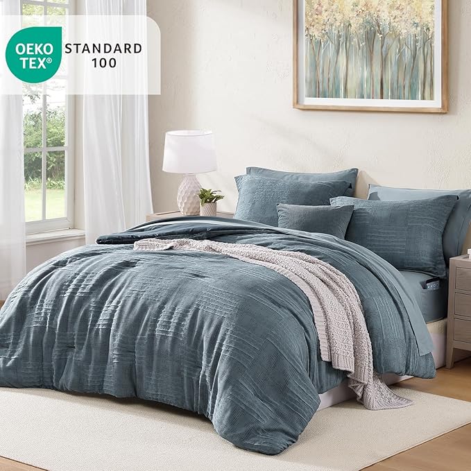 MaiRêve Full Size Comforter Sets Dusty Blue, Textured Design Crinkle Bedding Sets 7 Pieces, All Season Bed in A Bag with Comforter, Sheets, Pillowcases & Shams