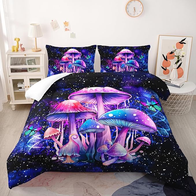 Fantasy Mushrooms Comforter Set Full,Galaxy Fantasy 3 Pieces Bedding Set for Teens Kids,Violet Down Alternative Bed Comforters Bedding Sets for All Season
