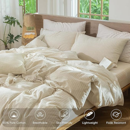 MooMee Striped Duvet Cover Set 100% Washed Cotton Linen Like Textured Breathable Durable Soft Comfy (Almond Milk Grey White Wide Stripes, Palatial King/Oversized King 120"x98")