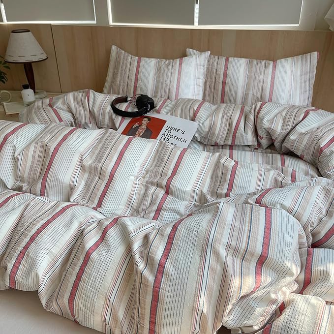 EAVD Geometric Striped Duvet Cover Twin 100% Washed Cotton Multi-Color Pinstriped Bedding Set with 2 Pillowcases Modern Farmhouse Geometric Pattern Duvet Cover with Zipper Closure