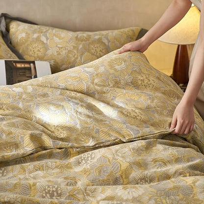 VM VOUGEMARKET Jacquard Floral Duvet Cover Set King,Yarn-Dyed Cotton Yellow Gold Flower Duvet Cover Bordered,Vintage Garden Style Bedding Set King