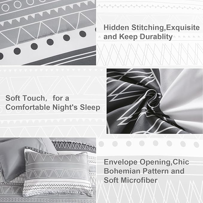 WONGS BEDDING King Size Comforter Set 7 Pieces, Boho Grey White Geometric Striped Comforter for King Bed in a Bag, Soft Microfiber Bedding Set with Pillowcases, Flat Sheet, Fitted Sheet, Pillow Shams