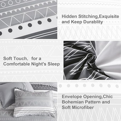 WONGS BEDDING Queen Comforter Set 7 Pieces, Boho Grey White Geometric Striped Comforter for Queen Bed in a Bag, Soft Microfiber Bedding Set with Pillowcases, Flat Sheet, Fitted Sheet, Pillow Shams
