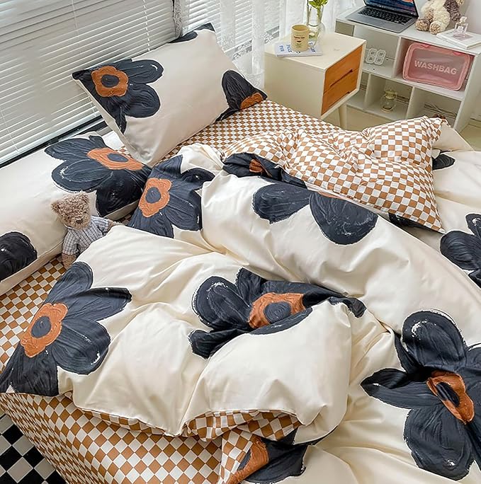 Luxlovery Floral Comforter Set California King Black and White Botanical Bedding Comforter Set Full Cute Chic Sunflower Pattern Blanket Quilts Women Girls 3 Piece Floral Bedding Set for Cal King Bed