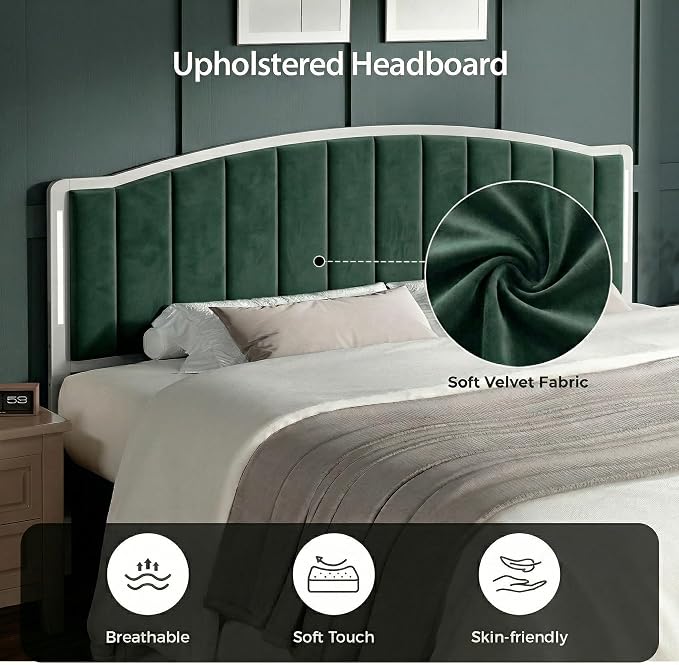 Headboard for King Size Bed with LED Lights, Upholstered Vertical Channel Tufting Head Boards, Velvet Headboard Only, Study & Comfortable, Ideal for Bedroom, Dorm, Guest Room, Green