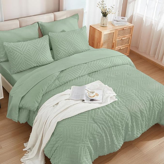 Andency Oversized Queen Comforter Set 7 Piece Sage Green - Bed in a Bag Oversized Queen Boho Lightweight Fluffy Tufted Bedding Sets with Comforter, Sheets, Pillowcases & Shams