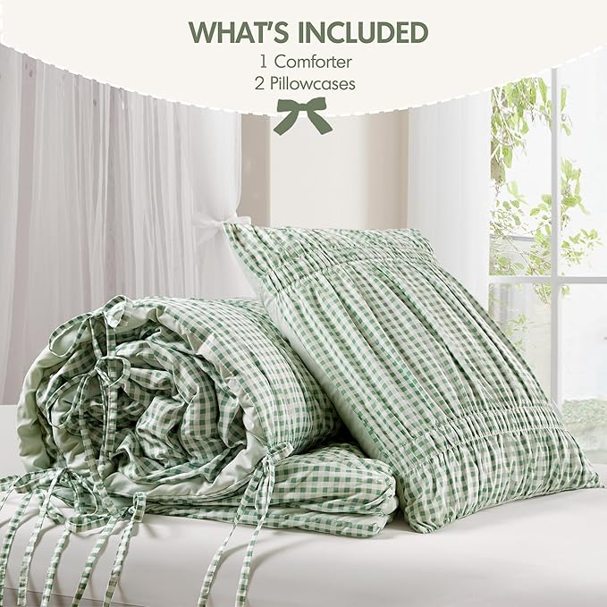 Intelligent Design Ella King Comforter Set – Ruched Gingham Shabby Chic Bedding, Bow-Tie Detail, All Season Lightweight 3 Piece Bedding Set, Sham, King/Cal King, Green