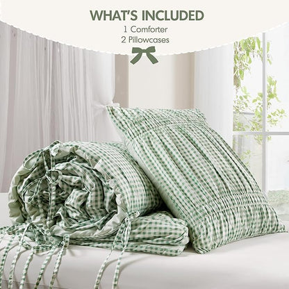 Intelligent Design Ella King Comforter Set – Ruched Gingham Shabby Chic Bedding, Bow-Tie Detail, All Season Lightweight 3 Piece Bedding Set, Sham, King/Cal King, Green