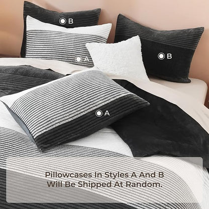 Litanika Fluffy Fleece Full Size Comforter Set, Luxury Soft Plush Fuzzy Grey White Stripe Bedding Comforter Sets, Warm Shaggy Faux Fur Bed Set All Season (1 Comforter, 2 Pillowcases)