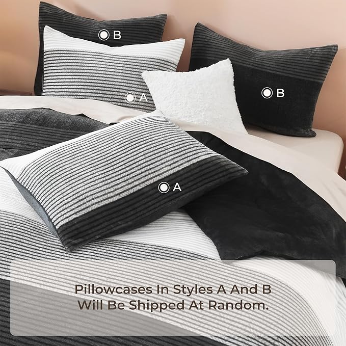 Litanika Fluffy Fleece King Size Comforter Set, Luxury Soft Plush Fuzzy Grey White Stripe Bedding Comforter Sets, Warm Shaggy Faux Fur Bed Set All Season (1 Comforter, 2 Pillowcases)