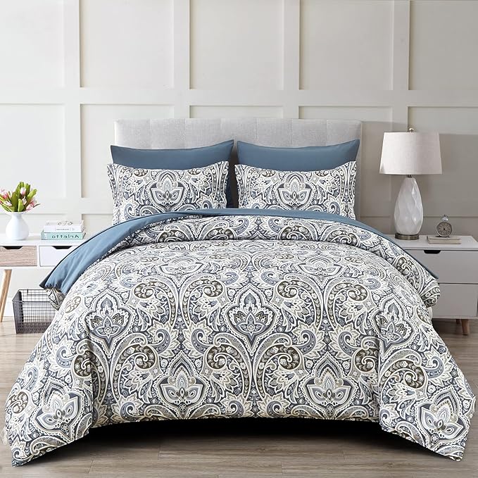 Drucon Blue Paisley Comforter Set King,7 Pieces Bed in a Bag Comforter Boho Paisley Pattern Bedding Set Soft Microfiber(1 Comforter,1 Flat Sheet, 1 Fitted Sheet,2 Pillowcases, 2 Pillow Shams)